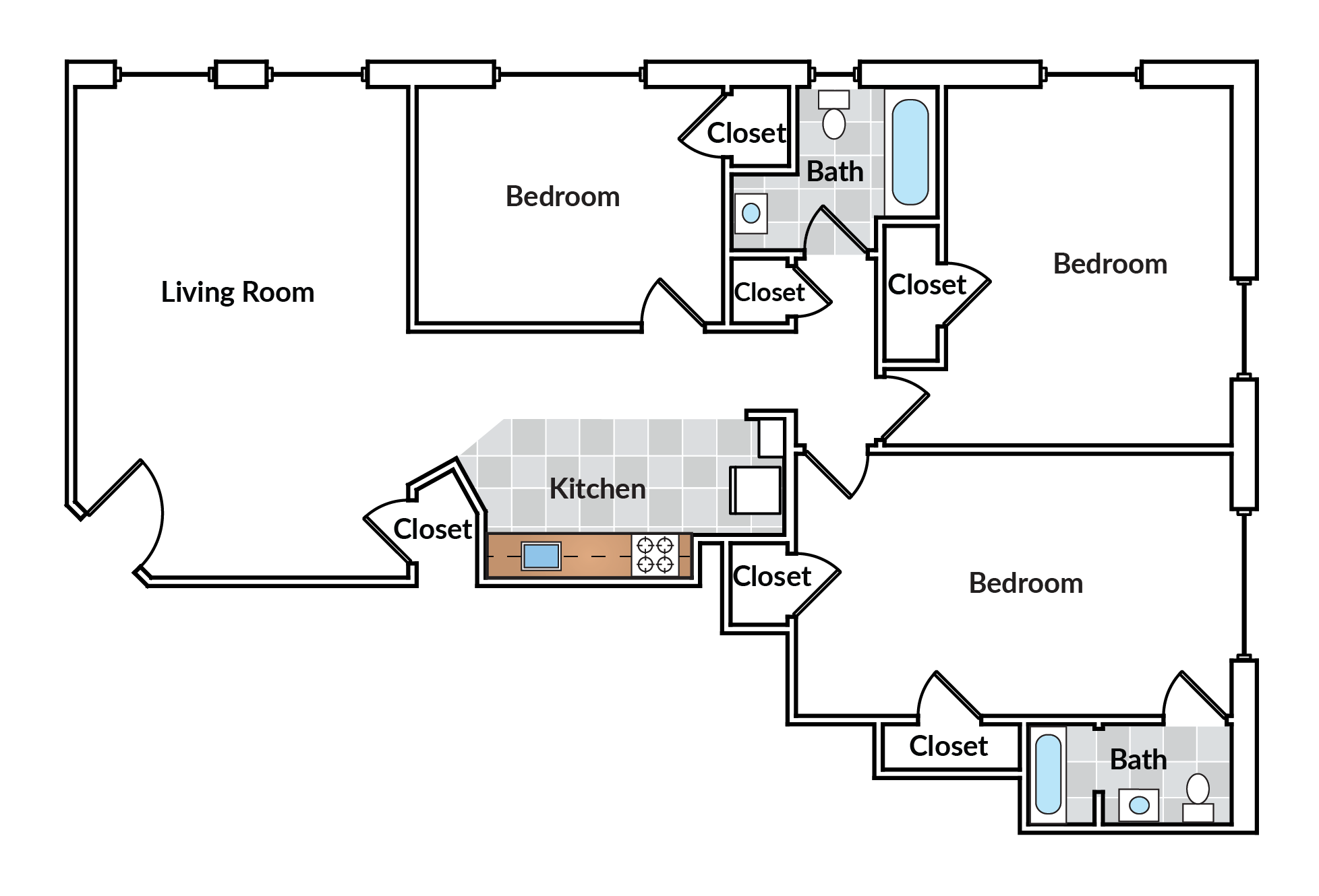 Floor plan for 3 beds, 1 bath, 1084 sqft